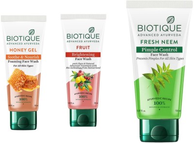 BIOTIQUE  - Honey Gel 50 ML , Fruit 50 ML & Neem 150ML Face Wash(300 ml)