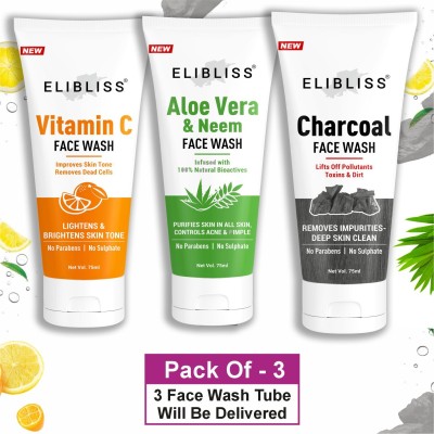 ELIBLISS Vitamin C ,Neem And Activeted Charcoal  For Smooth Skin Pack of 3 Face Wash(225 ml)