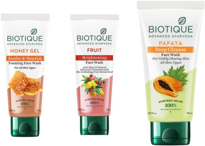 BIOTIQUE  - Honey Gel 50 ML , Fruit 50 ML & Papaya 150 ML Face Wash(250 ml)