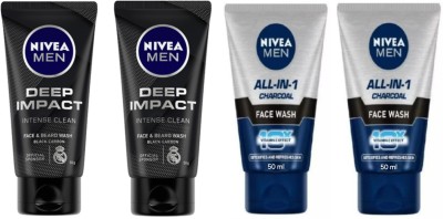 NIVEA F.W. 50ml - Deep Impact -2pcs & All-In-1 Charcoal -2pcs (Pack of 4) Face Wash(200 ml)