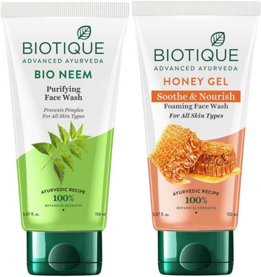 BIOTIQUE Fresh Neem 150ml & Honey Gel 150ml Facewash Set of 2 Face Wash(300 ml)