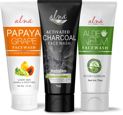 ALNA Papaya Grape + Activated Charcoal + Aloe Neem ( FACE WASH ) | 75ML Each | Face Wash(225 ml)