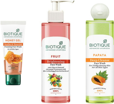 BIOTIQUE  - Honey Gel 50 ML , Fruit 200 ML & Papaya 200 ML Face Wash(450 ml)