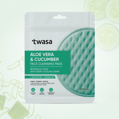 Twasa Aloe Vera & Cucumber Face Cleansing Pads for Hydration, Soothing & Refreshing Skin with Green Tea (60 Pads) | All Skin Types | Pack of 1 Face Wash(92 g)