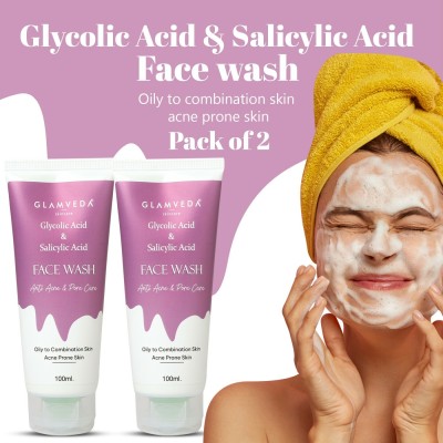 GLAMVEDA Glycolic Acid & Salicylic Acid Anti Acne & Pore Care , SLS Free ( Pack Of 2 ) Face Wash(200 ml)