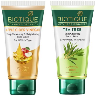 BIOTIQUE Apple Cider Vinegar -150ml & Tea Tree Skin Clearing -150ml (Pack of 2) Face Wash(300 ml)