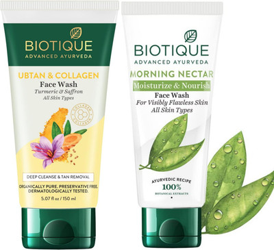 BIOTIQUE Ubtan & Collagen 150ml & Morning Nectar 150ml Facewash Set of 2 Face Wash(300 ml)