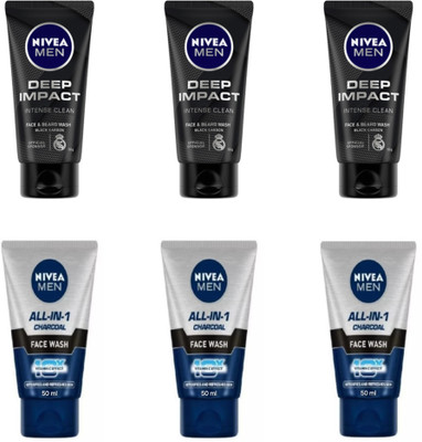 NIVEA F.W. 50ml - Deep Impact -3pcs & All-in-1 Charcoal -3pcs (Pack of 6) Face Wash(300 ml)