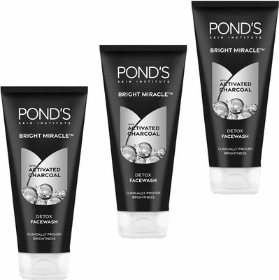 POND's BRIGHT MIRECLE ACTIVE CHARCAOL DETOX FACEWASH FOR DEEP CLEANSING PACK OF - 100g x 3 Face Wash(300 g)
