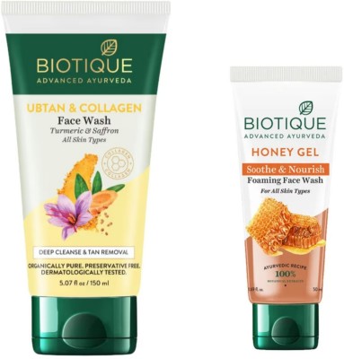 BIOTIQUE Ubtan & Collagen -150ml & Honey Gel -50ml (Pack of 2) Face Wash(200 ml)