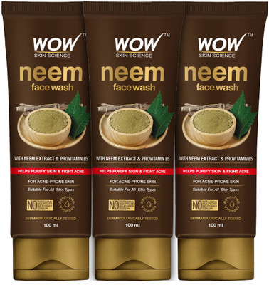WOW SKIN SCIENCE Neem  | Purifies Skin | Unclogs Pores | Fights Acne | Calms Skin- Pack of 3 Face Wash(300 ml)