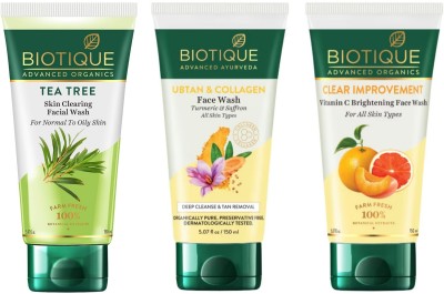 BIOTIQUE 150ml - Tea Tree Skin Clearing & Ubtan & Collagen & Clear I. Vitamin C (Pack of 3) Face Wash(450 ml)