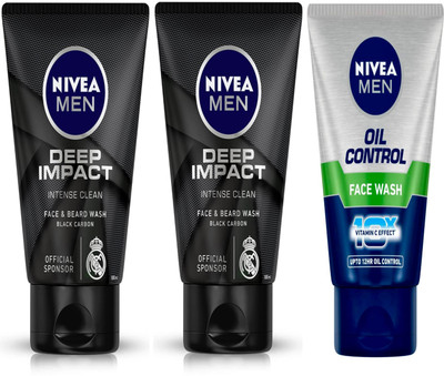 NIVEA 2pc Deep impact 50gm & 1pc Oil Control 50gm Fw Set of 3 Face Wash(150 ml)
