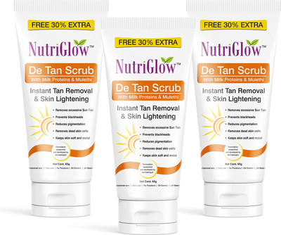 NutriGlow DE-TAN Face Scurb Instant Tan Removal and Skin Lightening Pack of 3 Scrub (65 g) Face Wash(65 ml)