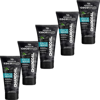 MOSKLIN COCOWALK CHARCOAL FACEWASH FOR OIL CONTROL ,ANTI POLLUTION & DIRT REMOVES PACK OF - 100ml x 5 Face Wash(500 ml)