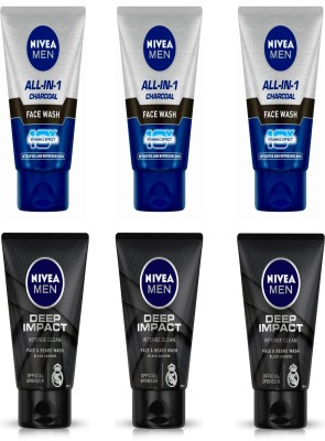 NIVEA 3pc All in one 50gm & 3pc Deep Impact 50gm Fw Set of 6 Face Wash(300 ml)