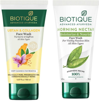 BIOTIQUE Ubtan & Collagen -150ml & Morning Nectar -150ml (Pack of 2) Face Wash(300 ml)