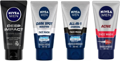 NIVEA F.W. 50ml -Deep Impact & D.S.R. & All-in-1 Charcoal & Acne (Pack of 4) Face Wash(200 ml)