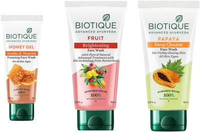BIOTIQUE  - Honey Gel 50 ML , Fruit 150 ML & Papaya 150 ML Face Wash(350 ml)