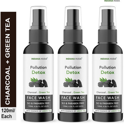 INDIANA HUDA Deep Detox  - Charcoal & Green Tea, Glow Boost, 120ml x3 Face Wash(360 ml)