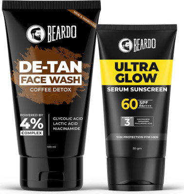 BEARDO Combo SPF 60+PA++++|UVA/UVB Protection Ultra Glow Serum Sunscreen & DeTan Coffee Face Wash(150 g)
