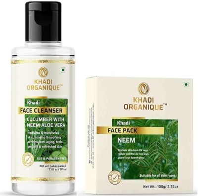 khadi ORGANIQUE Cucumber With Neem Aloevera Face Cleanser (210 ml) & Neem Tulsi Face Pack for Pimple-Free Clear Skin (100 gm) - Natural Skincare Duo Face Wash(310 ml)