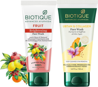 BIOTIQUE Fruit Brightening  150 ML And Ubtan & Collagen  150 ML Face Wash(300 ml)