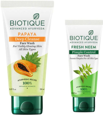 BIOTIQUE Fresh Neem 100Ml Papaya 150Ml  ( Pack 0f 2) Face Wash(250 ml)
