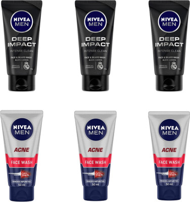 NIVEA F.W. 50ml - Deep Impact -3pcs & Acne -3pcs (Pack of 6) Face Wash(300 ml)