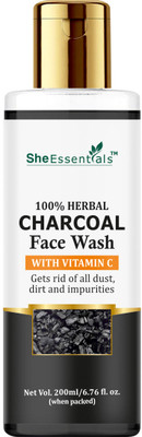 She Essentials Charcoal FaceWash with Vitamin C, Aloe Vera & Niacinamide to Removes Pollutants & Dirt, Toxins Skin, Tan Removal, Blackheads, Whiteheads, Dark Spots & Acnes - For Men & Women - SLS & Paraben Free Face Wash(200 ml)