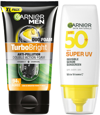 GARNIER Men John's Skincare Essentials | TurboBright Facewash 150g + Super UV Sunscreen 30ml Face Wash(180 g)
