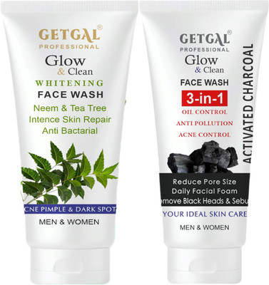 getgal Glow & Clean Whitening  Set with Neem & Tea Tree & 3-in-1 Activated Charcoal, for Men & Women (Pack of 2) Face Wash(200 g)