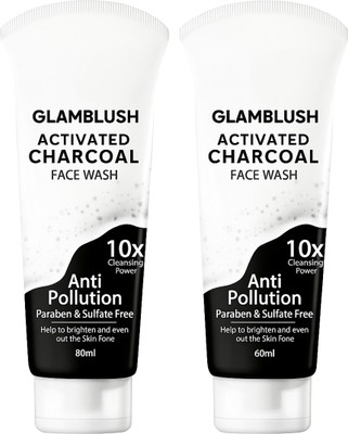 glamblush Activated Charcoal  – Anti-Pollution Formula with 10x Cleansing Power – Paraben & Sulfate Free – Brightens & Evens Skin Tone – Deep Cleansing  for Men & Women – 60ml Tube – Pack of 2 Face Wash(120 ml)