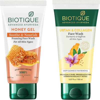 BIOTIQUE Honey Gel 150ml & Ubtan & Collagen 150ml Facewash Set of 2 Face Wash(300 ml)