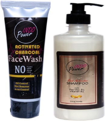 INDO POWER Da61- ACTIVATED CHARCOAL FACEWASH 100g. + ROOT ACTIVATOR SHAMPOO500g. Face Wash(600 g)