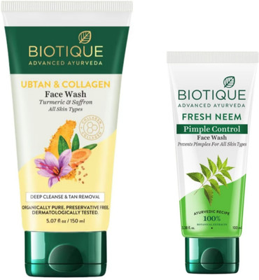 BIOTIQUE Ubtan & Collagen -150ml & Fresh Neem -100ml (Pack of 2) Face Wash(250 ml)