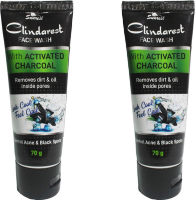 CLINDAREST Activated Charcoal  | Deep Pore Cleansing with Menthol and Glycerine | Controls Acne and Black Spots - (70g) Pack of 2 Face Wash(140 g)