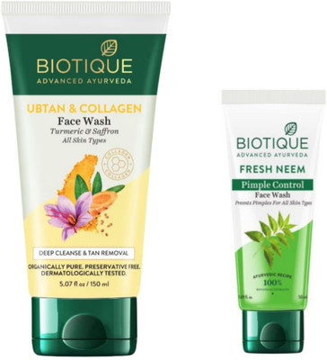 BIOTIQUE Ubtan & Collagen -150ml & Fresh Neem -50ml (Pack of 2) Face Wash(200 ml)