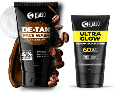 BEARDO Combo SPF 60+PA++++|UVA/UVB Protection Ultra Glow Serum Sunscreen & DeTan Coffee Face Wash(150 g)