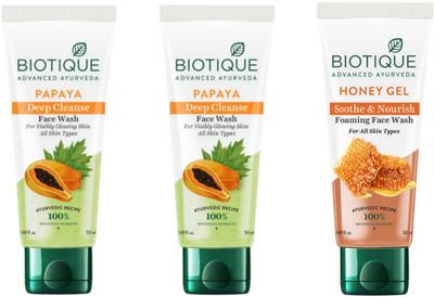 BIOTIQUE Papaya  50 ml (Pack of 2), Honey Gel  50 ml (Pack of 1). Face Wash(150 ml)
