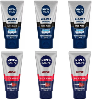 NIVEA F.W. 50ml - All-in-1 Charcoal - 3pcs & Acne - 3pcs (Pack of 6) Face Wash(300 ml)