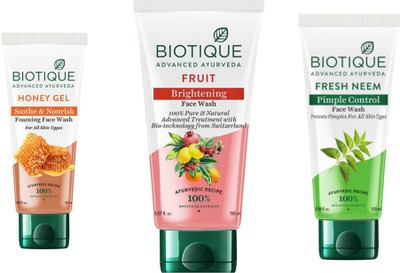 BIOTIQUE  - Honey Gel 50 ML , Fruit 150 ML & Neem 100 ML Face Wash(300 ml)