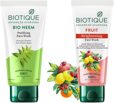 BIOTIQUE Fresh Neem 150ml & Fruit Brightening 150ml Facewash Set of 2 Face Wash(300 ml)