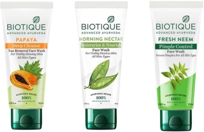 BIOTIQUE Fresh Neem & Morning Nectar & Papaya 100Ml  (Pack 0f 3) Face Wash(300 ml)