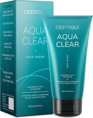 Celestique Aqua Clear Hydrating Facewash for Dry & Sensitive Skin | Gentle Cleanser with Hyaluronic Acid, Aloe Vera & Vitamin E | Deeply Moisturizing Daily  Face Wash(100 ml)