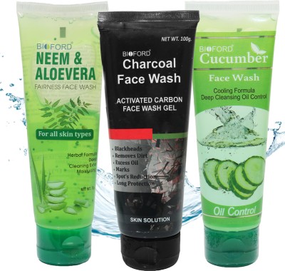 bioford CHARCOAL FACE WASH (100g) + CUCUMBER FACE WASH (75gm) + NEEM & ALOE VERA FACE WASH (75gm) Gift Pack of 3 Face Wash(250 g)