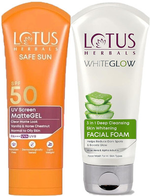 LOTUS HERBALS Safe Sun UV Screen MatteGel - SPF 50 PA+++ (100 g) And White Glow 3 in 1 Deep Cleansing Skin Whitening Facial Foam  (100 g Face Wash(200 g)