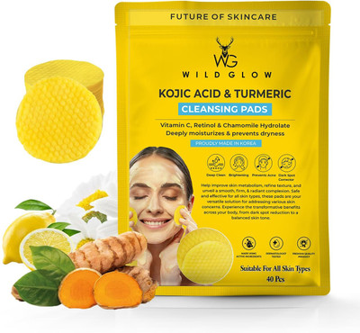 WILDGLOW Turmeric & Kojic Acid Face Cleansing Pads for Dark Spots, Skin Brightening & Acne Prevention Pack of 16 Face Wash(544 g)
