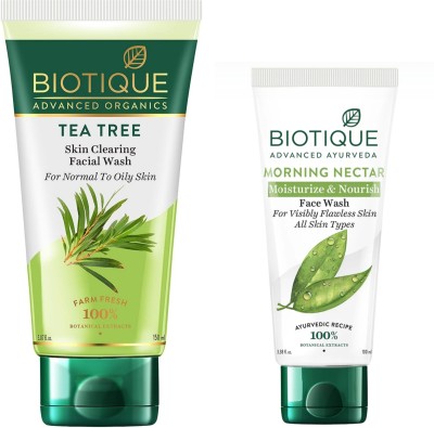 BIOTIQUE Tea Tree Skin Clearing -150ml & Morning Nectar -100ml (Pack of 2) Face Wash(250 ml)