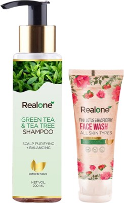 realone Green Tea & Tea Tree Shampoo Pink Lotus And Raspberry Facewash With Zip Pouch Pack Of 2 Face Wash(260 ml)